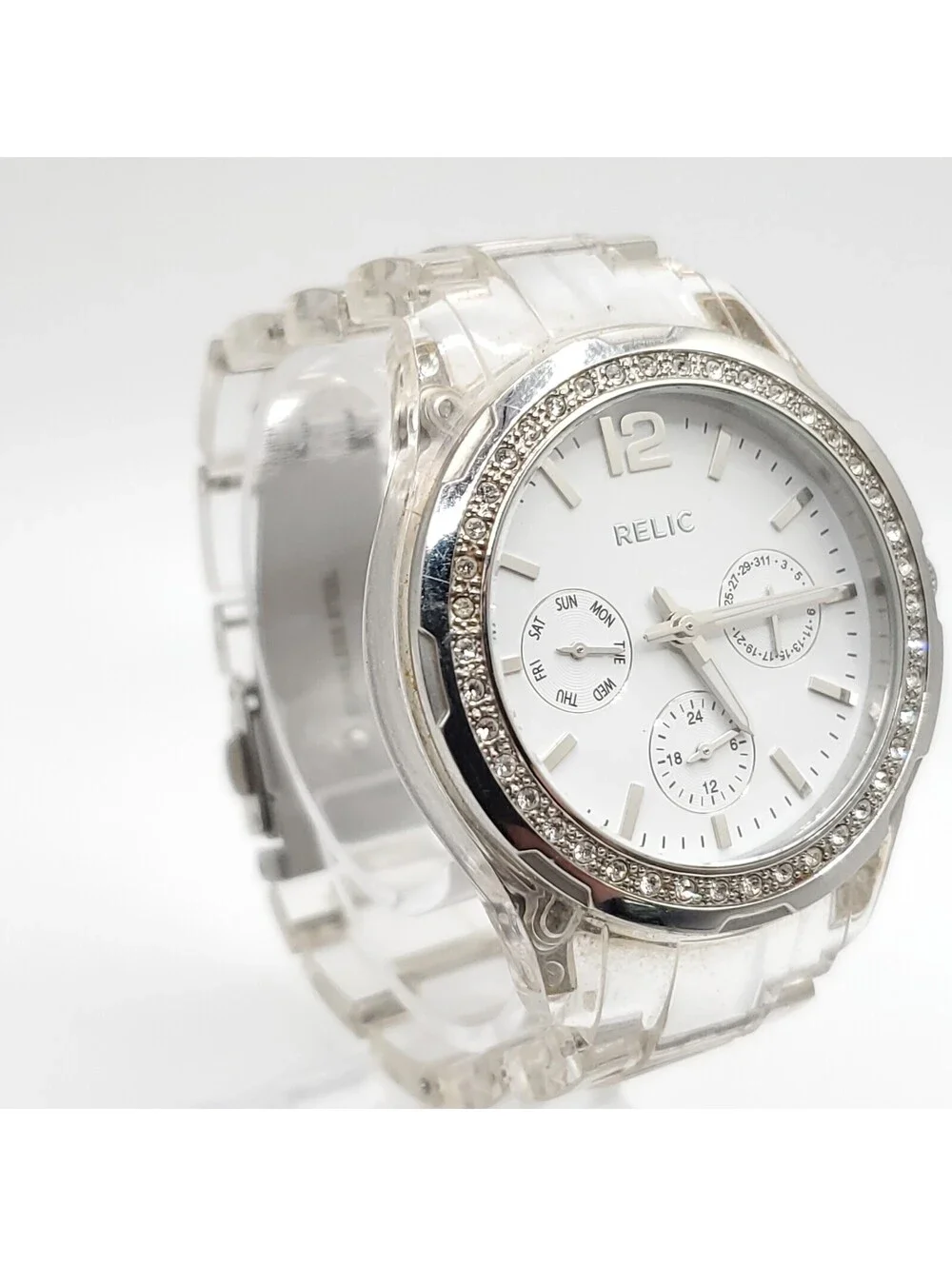 Relic Watch Women Silver Tone Multi Dial Pave Bezel Clear Band New Battery 37mm
